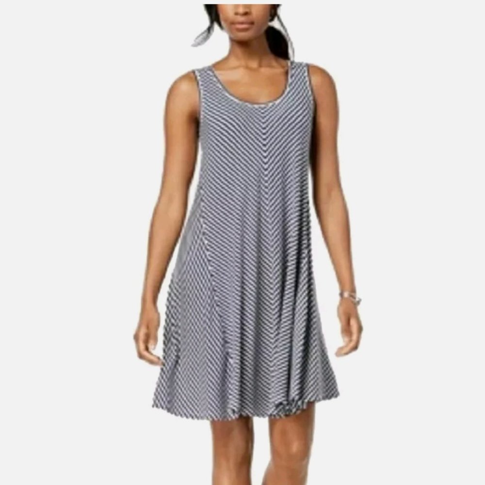 STYLE & CO Blue & Light Gray Striped Stretch Swing Tank Dress - NEW!